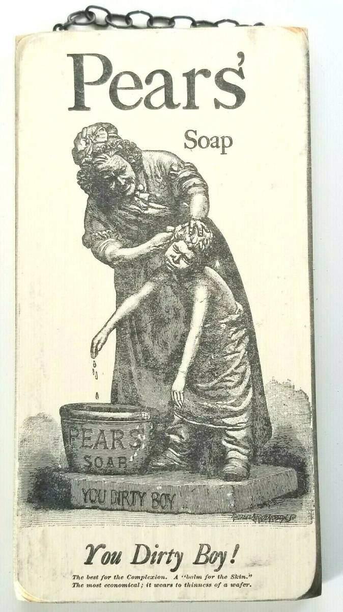 Pears Soap Vintage Repro Wood Wall Plaque Sign Ad Humorous Dirty Boy Bath 海外 即決