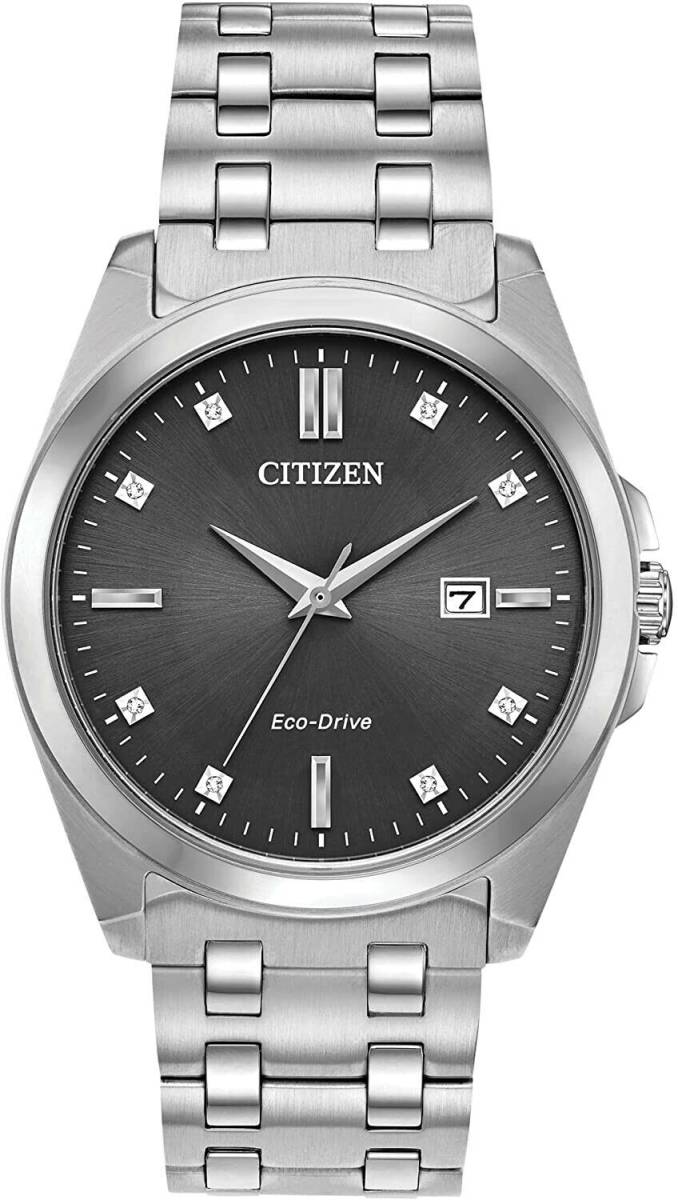 Citizen Eco-Drive BM7100-59H Silver Tone 8 Diamonds Gray Date Dial Men's Watch 海外 即決