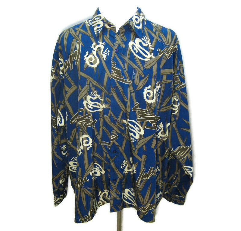 Vintage 90s FUBU Men's (Size 2XL) Blue Long Sleeve Button Shirt Streetwear Aloha 海外 即決