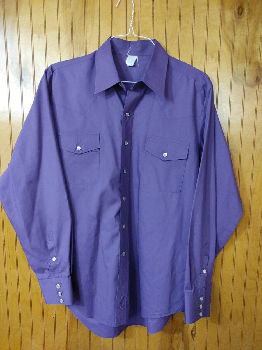 Vintage Malco Modes Rodeo Western Snap-Down Solid Purple Shirt Size17-35 海外 即決