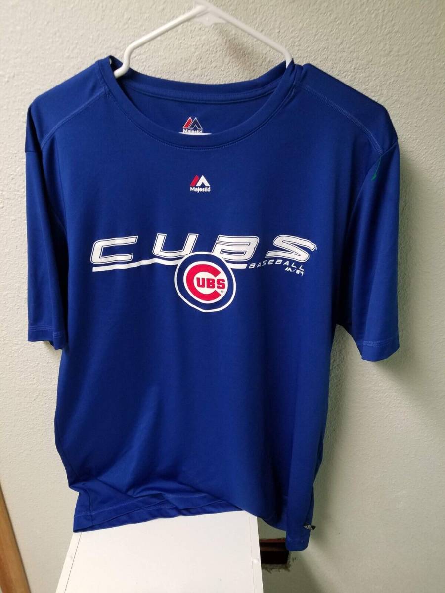 Men's MLB Chicago Cubs Baseball Majestic T-Shirt Large Blue Dri-Fit 海外 即決