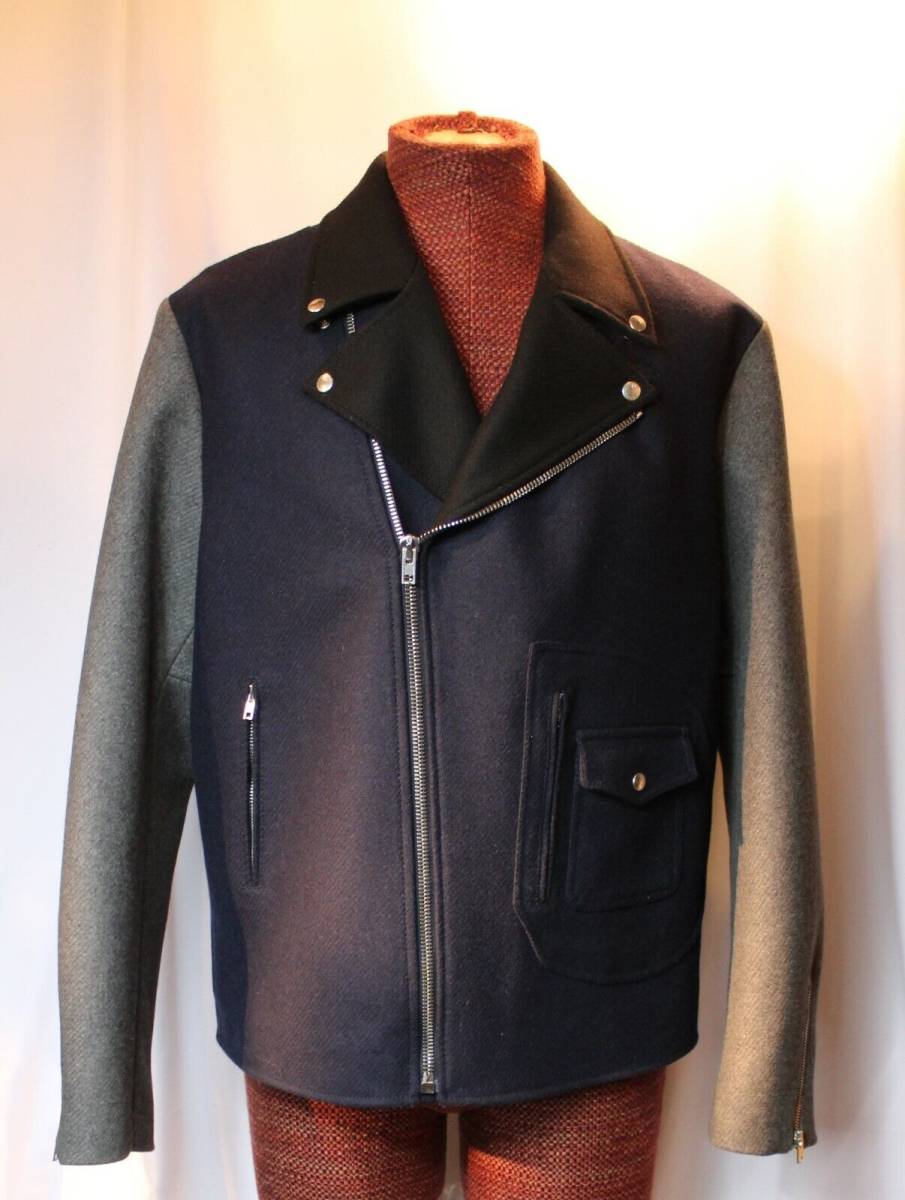 Alexander McQueen Blue,Black&Gray Wool Motorcycle Jacket Coat Sz 52 海外 即決