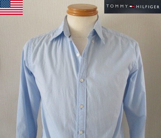 ★ メンズ トミーヒルフィガー TOMMY HILFIGER New York Fit デザイン 長袖 ボタンダウン シャツ US S 日本Ｍサイズ ライトブルー _画像1