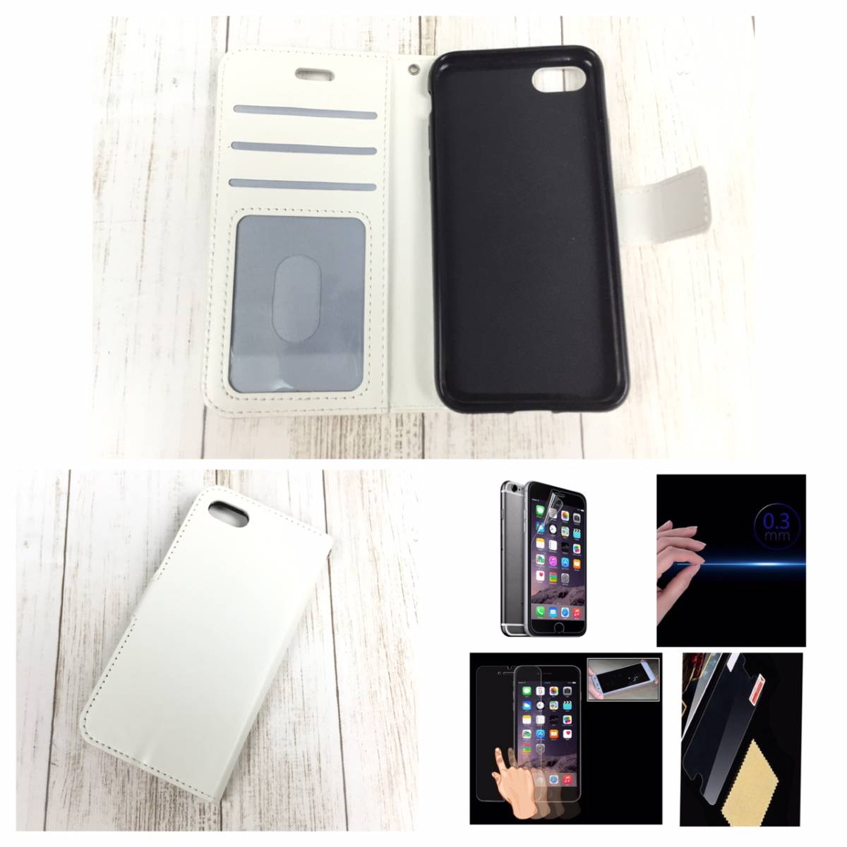 iPhone7Plus　iPhone8Plus 手帳型ケース＋ 液晶フィルム ストラップ　カード収納　定期入れ　スマホカバー 携帯ケース　白色　ホワイト　3_画像3