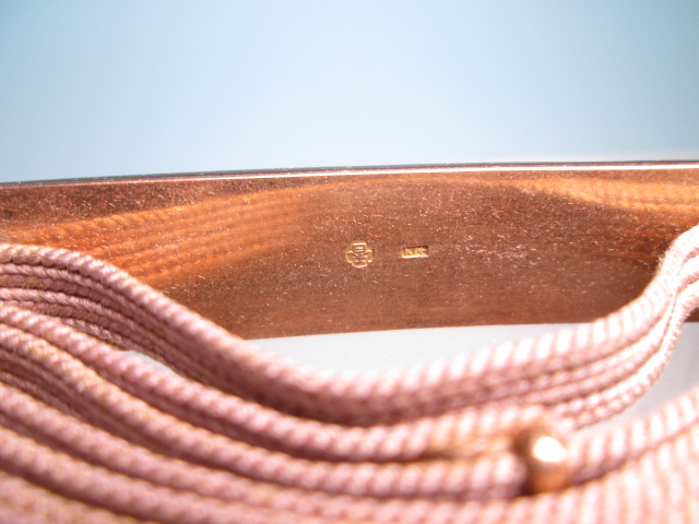 【江月】アンティーク・K14 金工 柳にに舟遊びの金銀象嵌 刀装具の帯留め 16g_画像7