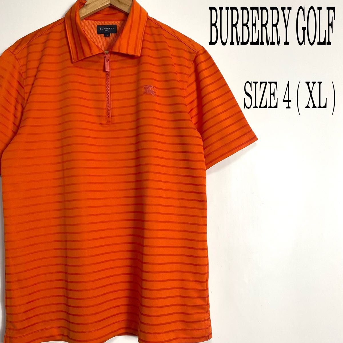 【美品】BURBERRY GOLF バーバリーハーフジップ ボーダー ポロシャツ ゴルフウェア オレンジ系 4 XL