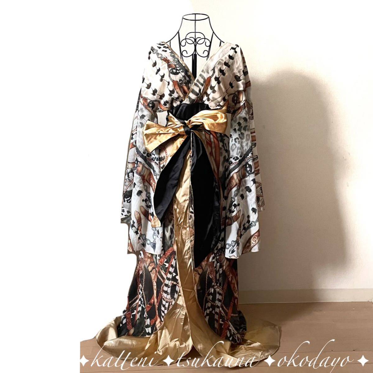 着物ワンピース 着物ドレス KIMONO ロングドレス 花魁 総柄 ゴージャス 透け感 リボン帯 パーティー コスプレ衣装 マキシ丈_画像1