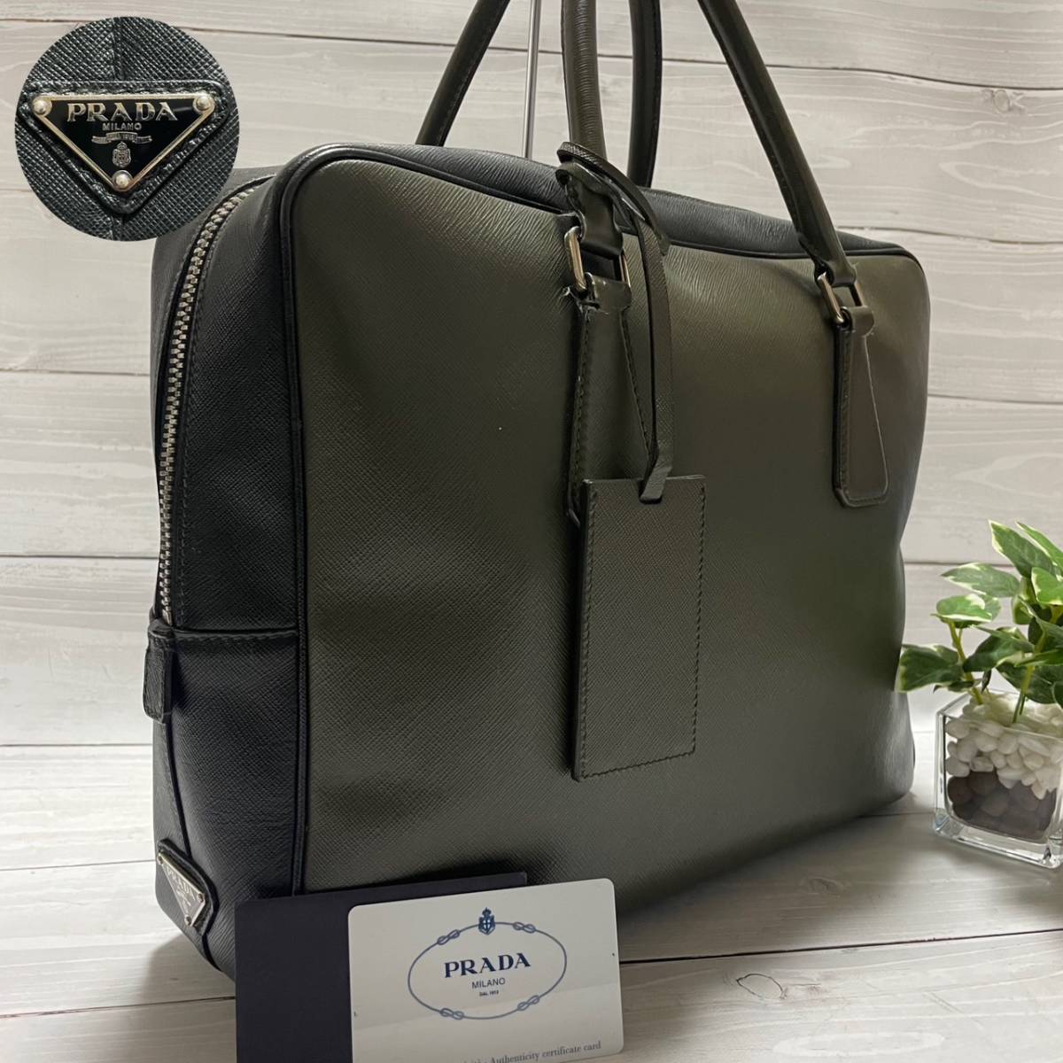 【超希少バイカラー】プラダ PRADA ブリーフケース ビジネスバッグ 三角ロゴプレート サフィアーノレザー 本革 イタリア製 ブラック カーキ