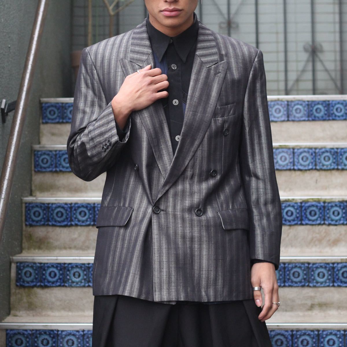 EU VINTAGE STRIPE PATTERNED DOUBLE DESIGN TAILORED  JACKET/ヨーロッパ古着ストライプ柄ダブルデザインテーラードジャケット