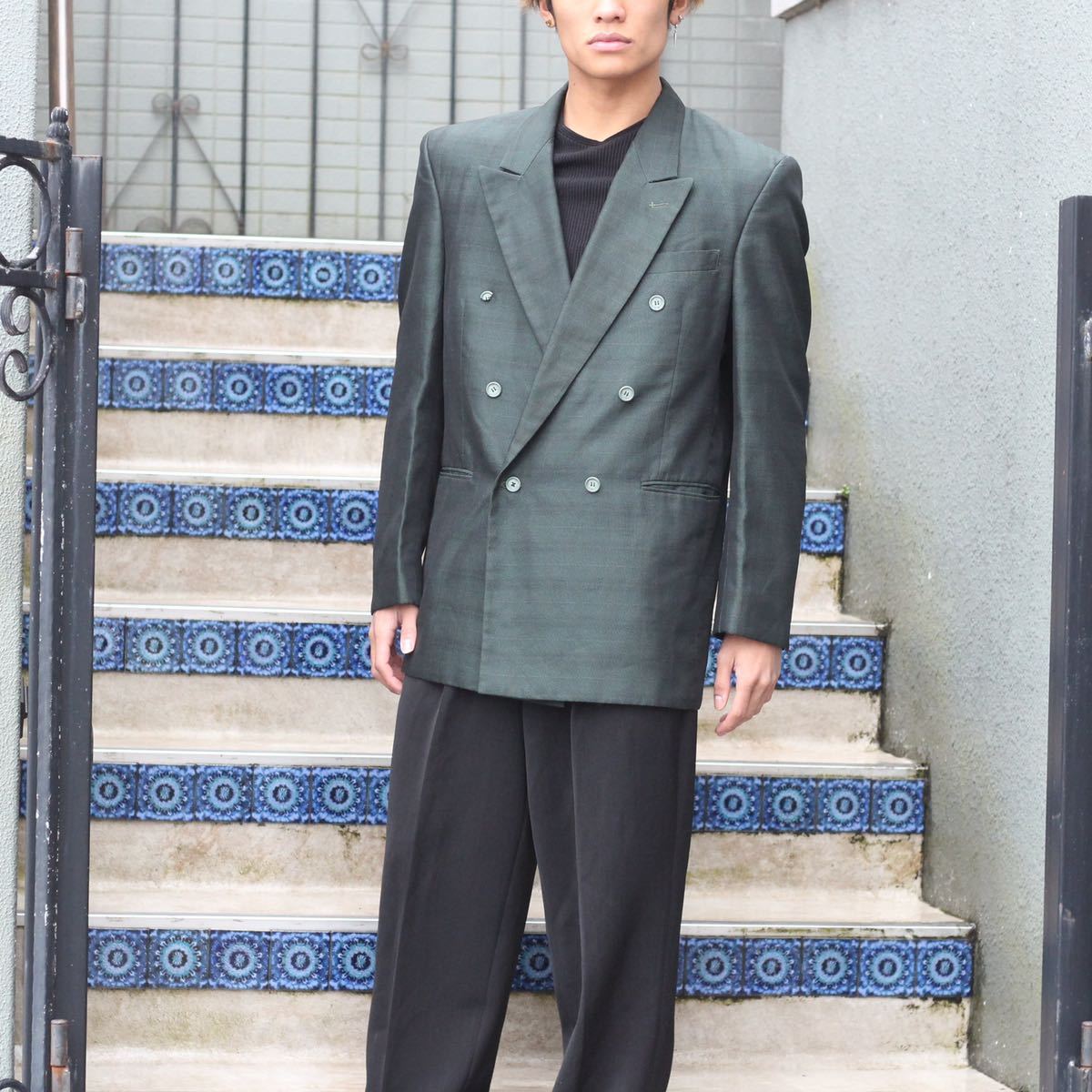 USA VINTAGE CHECK PATTERNED GREEN COLOR DOUBLE TAILORED  JACKET/アメリカ古着グリーンカラーダブルテーラードジャケット