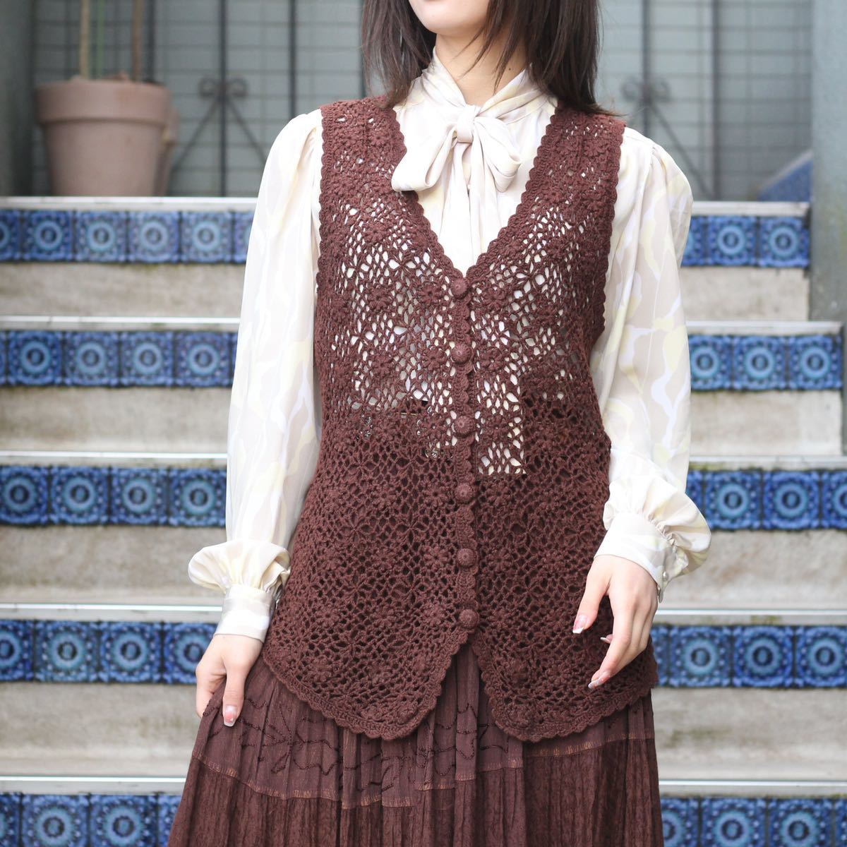 USA VINTAGE FLOWER PATTERNED EMBROIDERY KNIT VEST/アメリカ古着お花刺繍ニットベスト_画像1