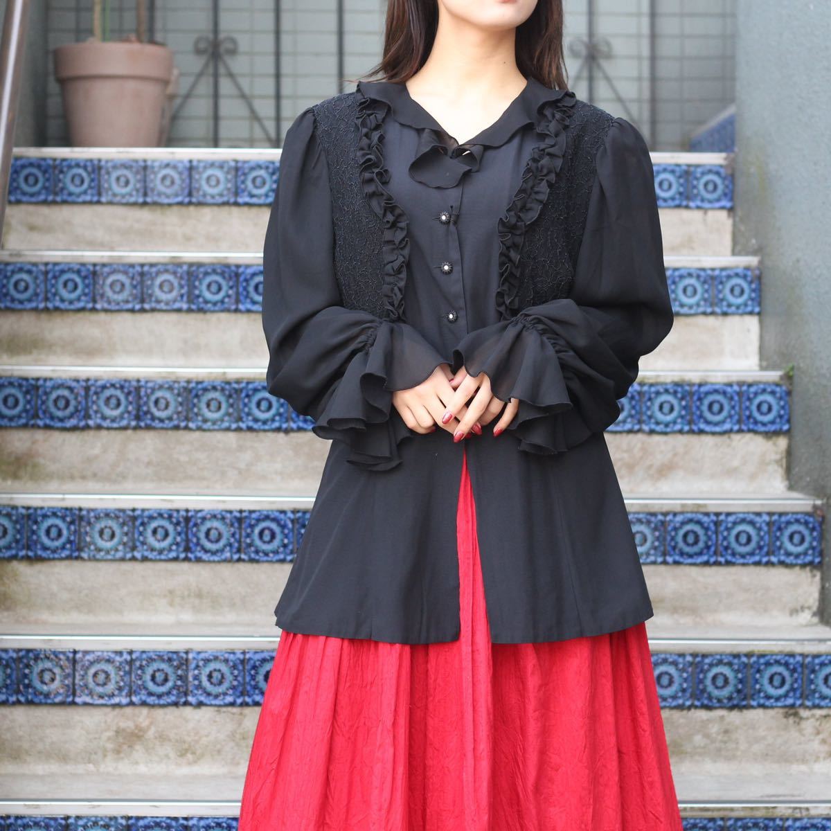 EU VINTAGE LAYARD DESIGN FRILL BLOUSE/ヨーロッパ古着レイヤード