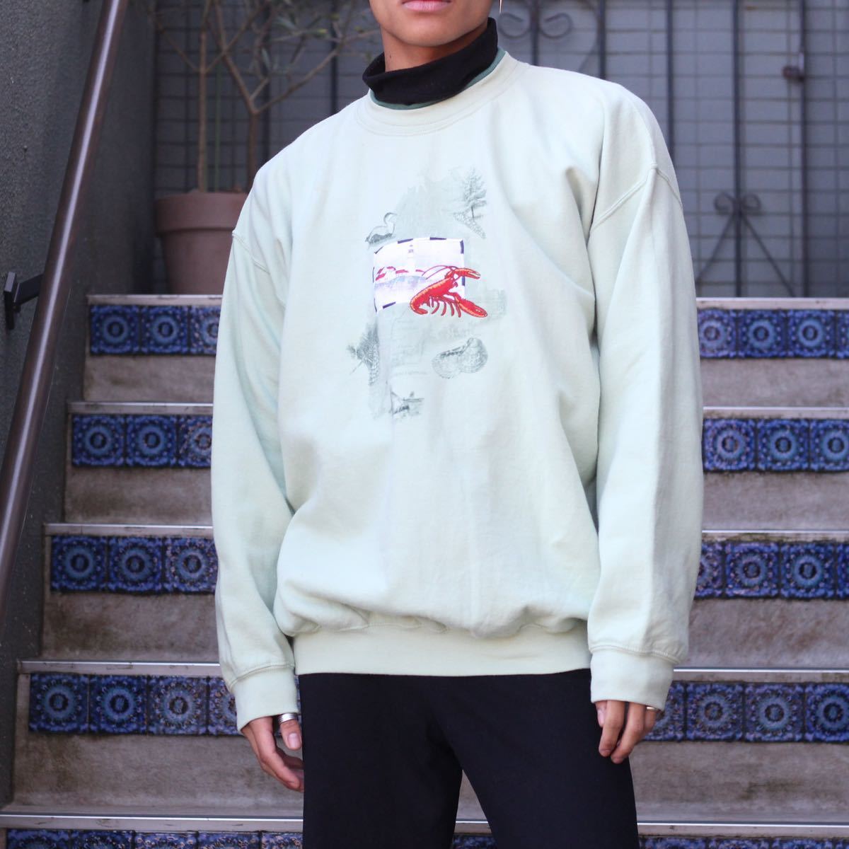 USA VINTAGE top stitch LOBSTER EMBROIDERY DESIGN OVER SWEAT SHIRT/アメリカ古着ロブスター刺繍デザインオーバースウェット