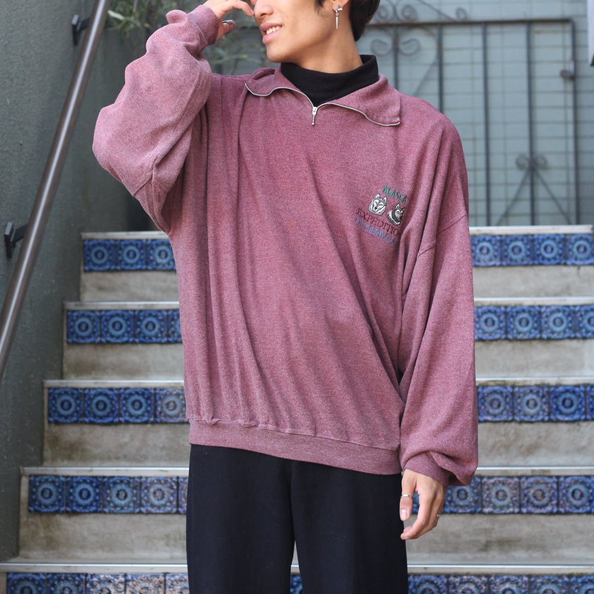 EU VINTAGE WOLF EMBROIDERY DESIGN SWEAT HALF  ZIP/ヨーロッパ古着オオカミ刺繍デザインスウェットハーフジップ