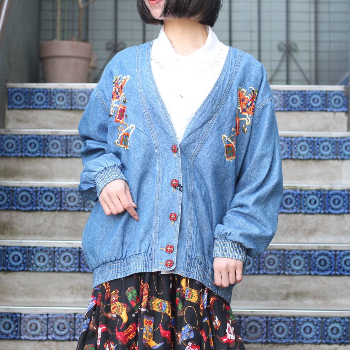 USA VINTAGE EMBROIDERY DESIGN DENIM CARDIGAN/アメリカ古着刺繍