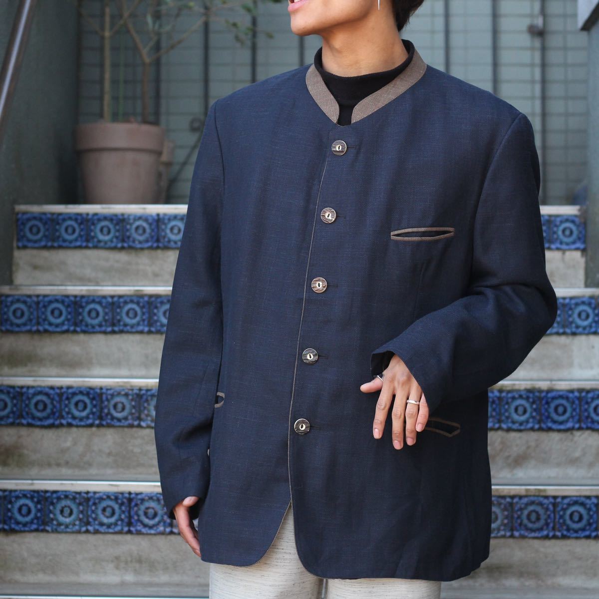 EU VINTAGE tofani NAVY COLOR LINEN TYROLEAN JACKET/ヨーロッパ古着ネイビーカラーリネンチロリアンジャケット