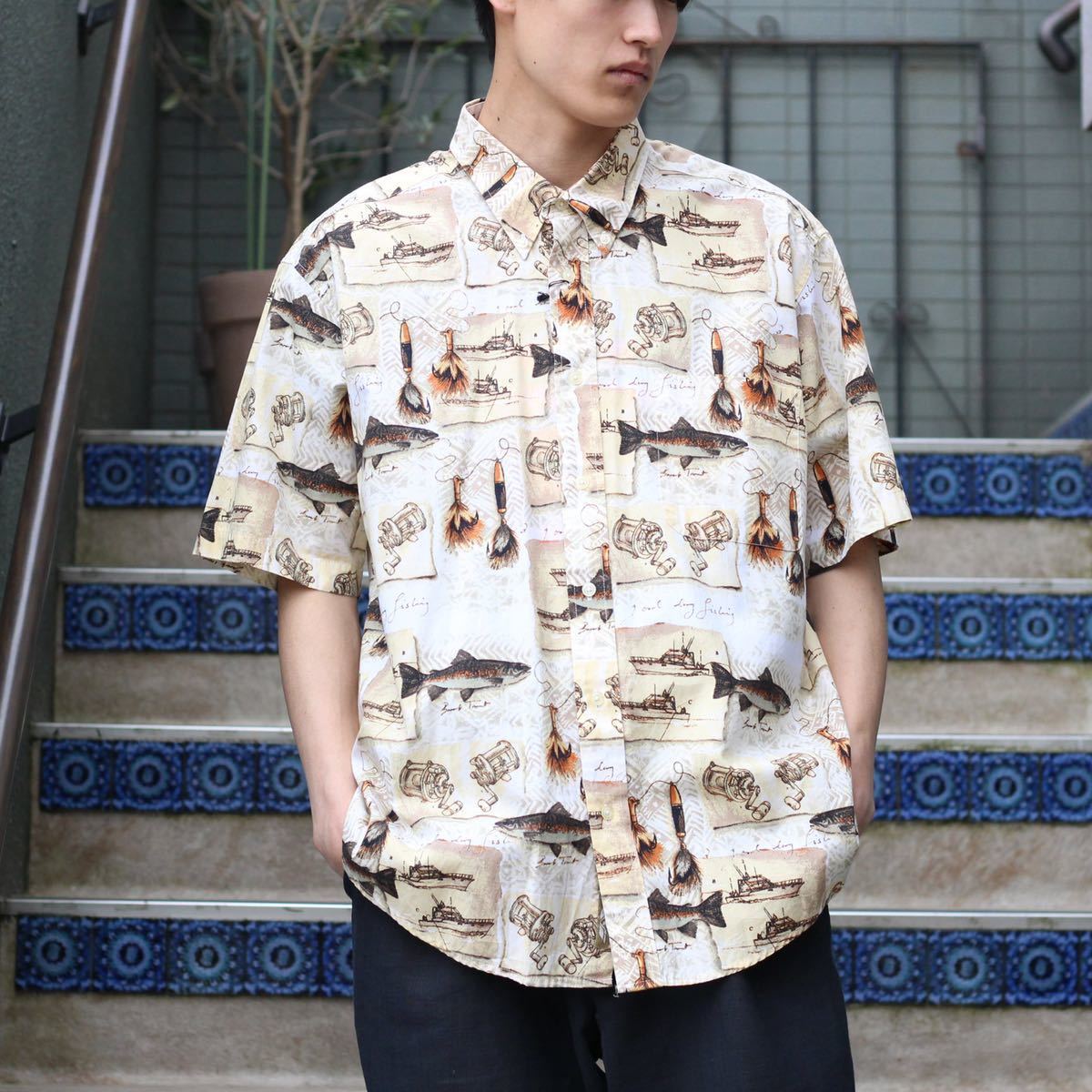 USA VINTAGE NATURAL ISSUE HALF SLEEVE FISHING PATTERNED/アメリカ
