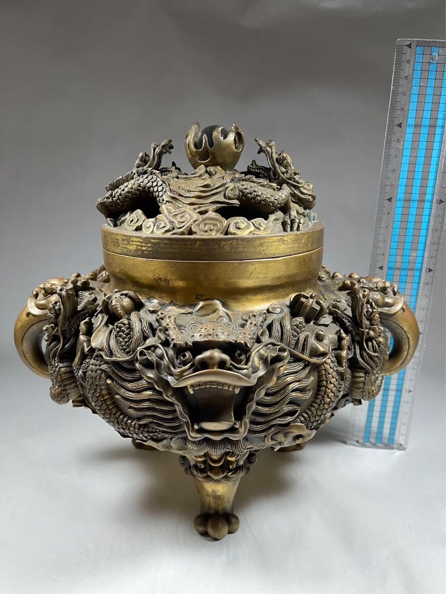 銅香爐 仏教美術 唐物 大明宣徳銅製款 群龍図三足香炉 重量8.2kg 高