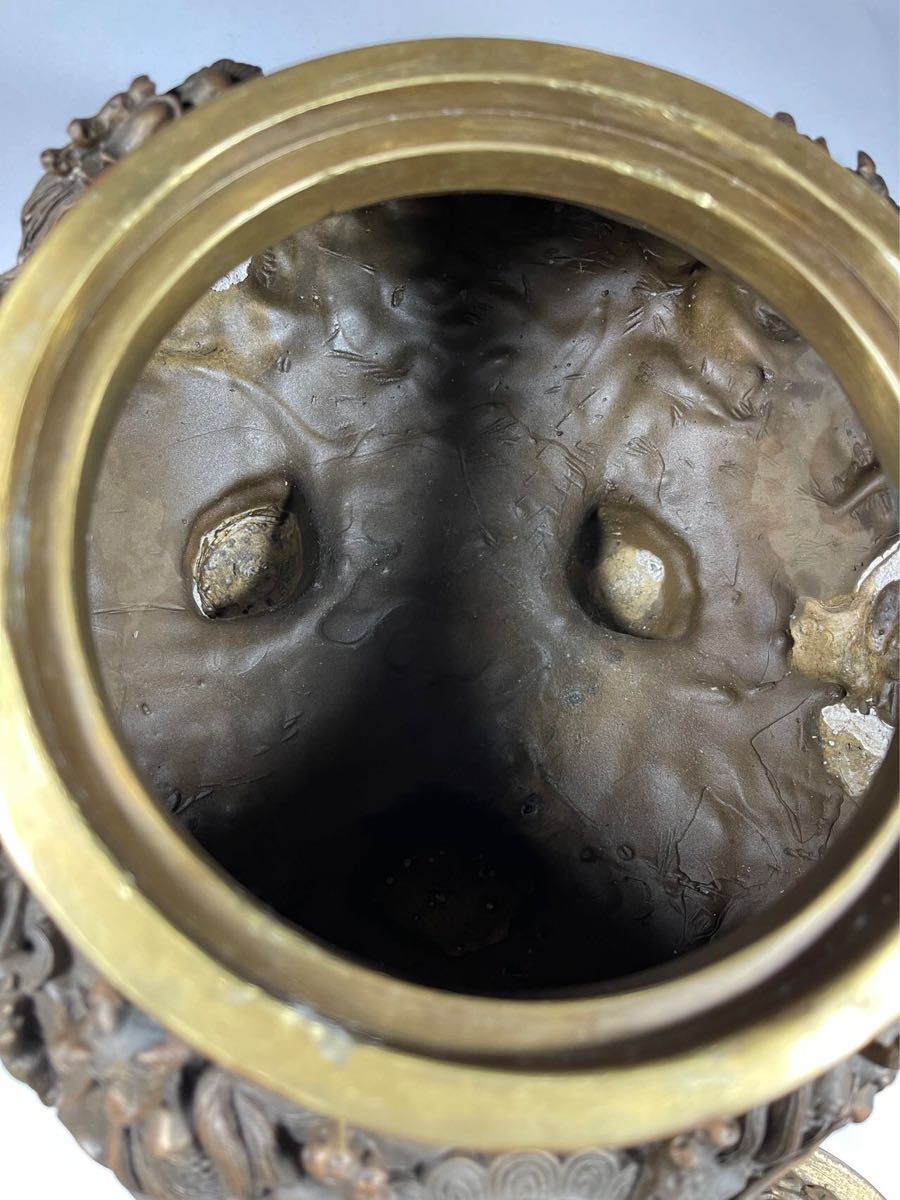 銅香爐 仏教美術 唐物 大明宣徳銅製款 群龍図三足香炉 重量8.2kg 高26cm 中国古玩 香道具 中国美術 時代物銅製逸品