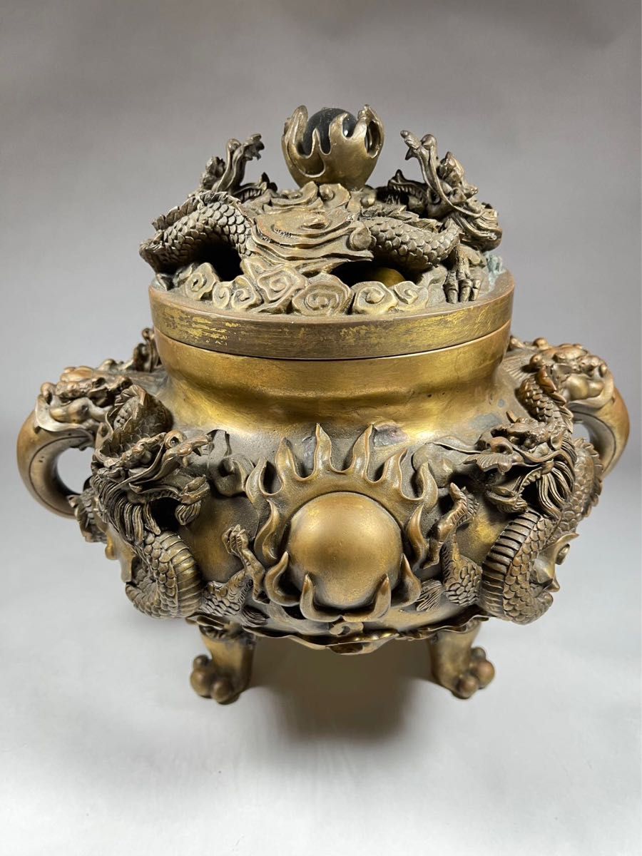銅香爐 仏教美術 唐物 大明宣徳銅製款 群龍図三足香炉 重量8.2kg 高26cm 中国古玩 香道具 中国美術 時代物銅製逸品