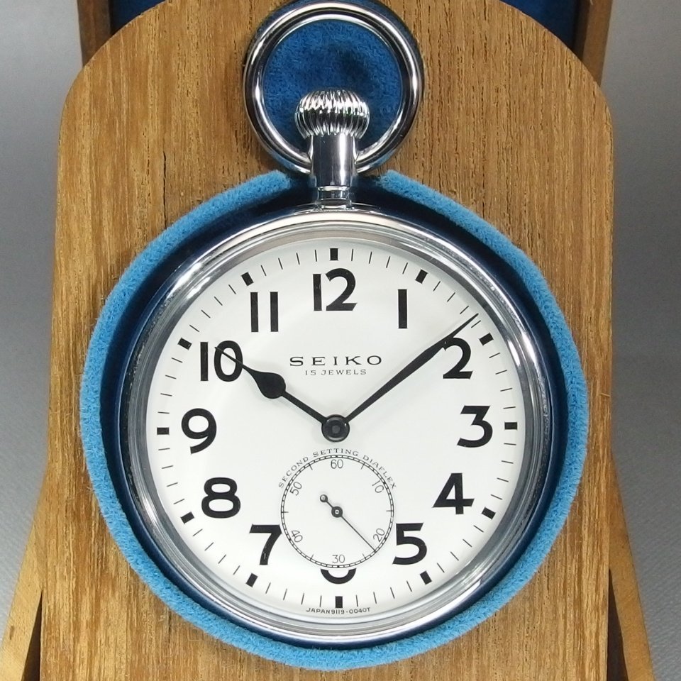 【超希少 ビックサイズ】SEIKO セイコー 懐中時計 置時計/純正木製ケース付き SS 手巻き スモセコ ホワイトダイアル「21153」