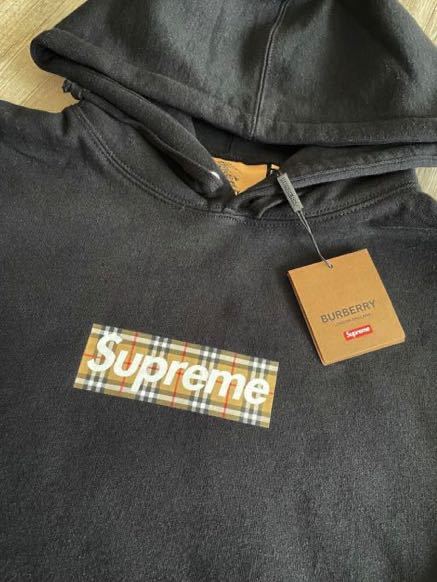 22SS 海外 正規 新品未使用 Supreme Burberry Box Logo Hooded Sweatshirt Black M シュプリーム バーバリー ボックス ロゴ Tシャツ_画像1