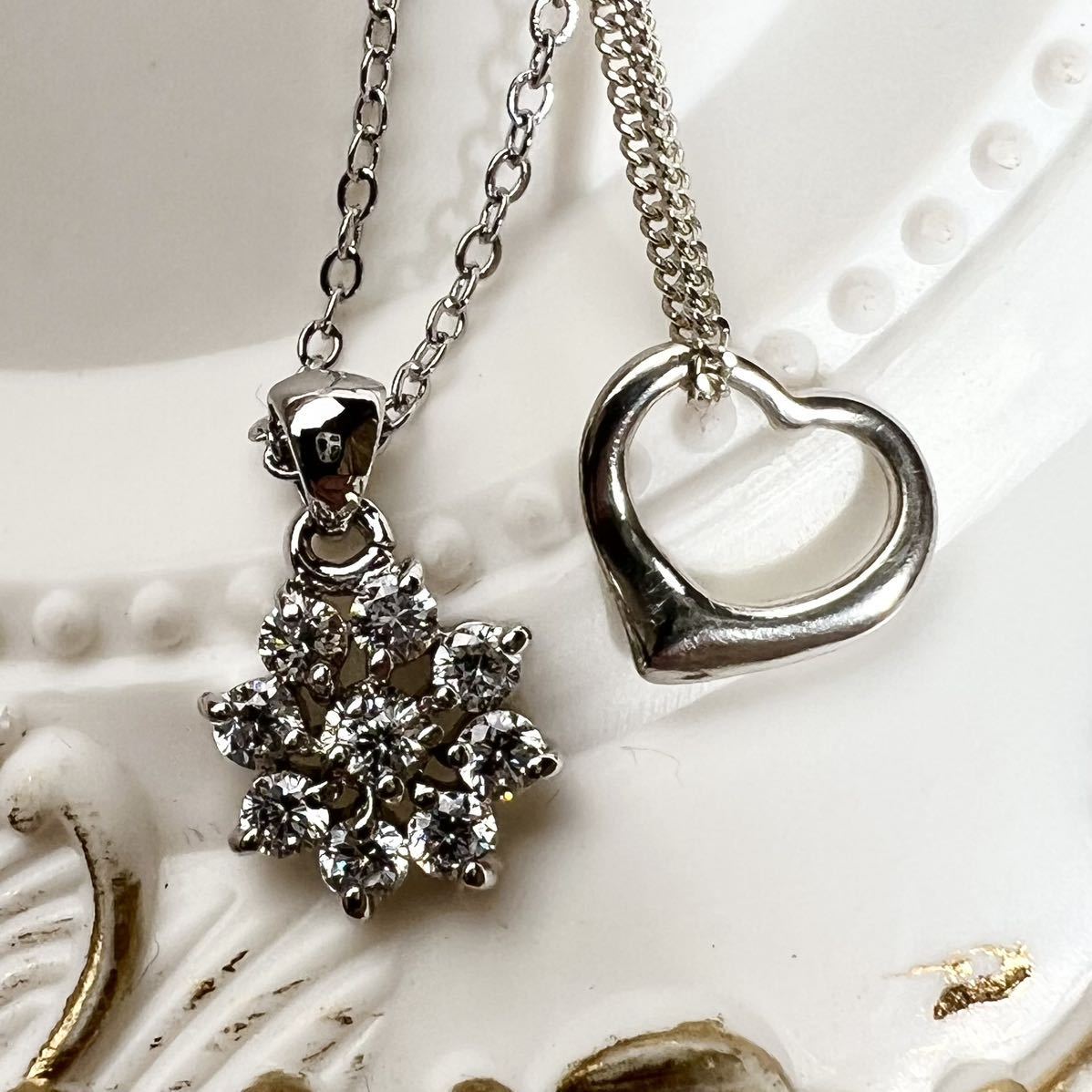 【お買い得】silverハートネックレス ジルコニアフラワーネックレス セット シルバー かわいい 普段使い