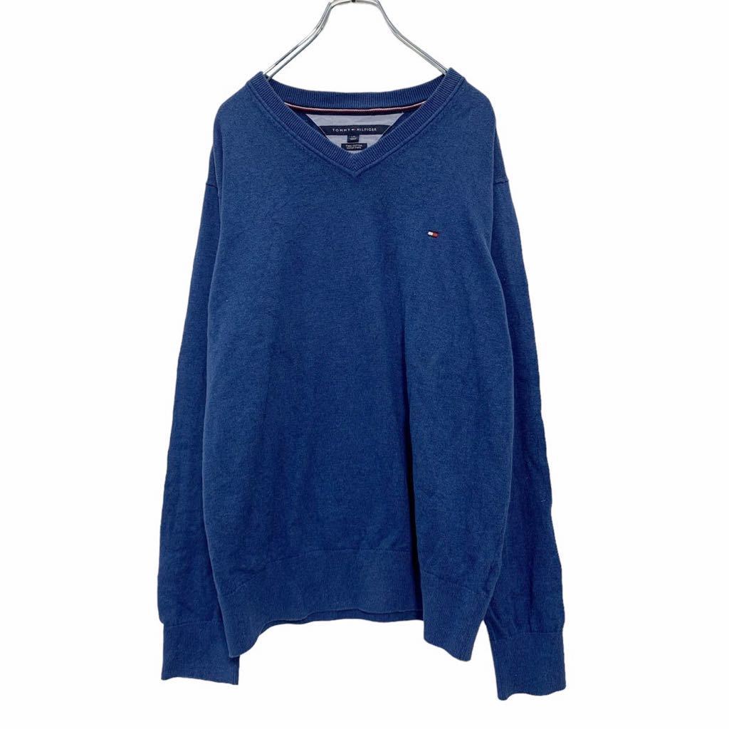 TOMMY HILFIGER コットンニット L ブルー 青 トミーヒルフィガー Vネック セーター 刺繍ロゴ 古着卸 アメリカ仕入 a503-5723_画像1