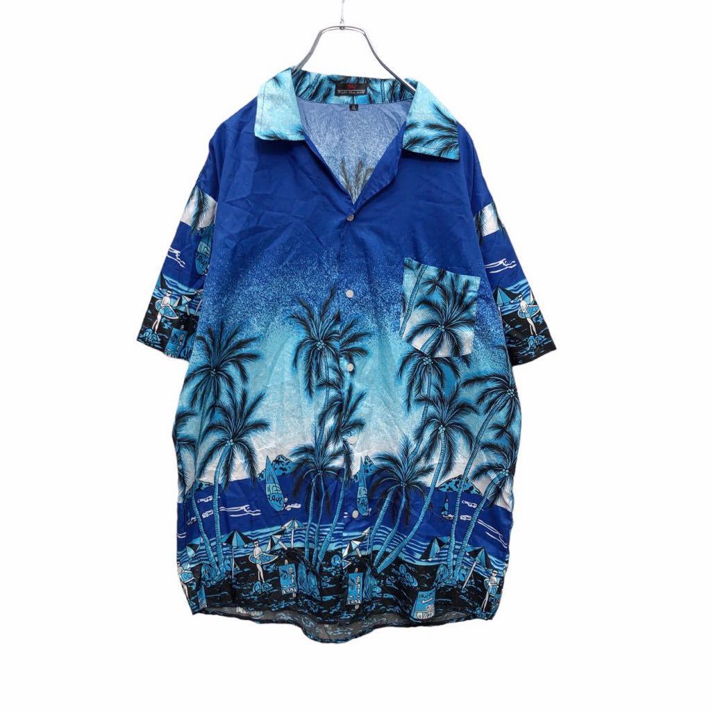 半袖 柄 シャツ XL ブルー ヤシの木 ビーチ 海 アロハ ビッグサイズ 古着卸 アメリカ仕入 a503-7233_画像1