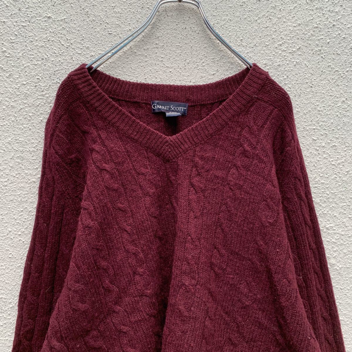 GARRET SCOTT шерсть вязаный свитер XL бордо V шея большой размер кабель плетеный б/у одежда . America запас a501-5309