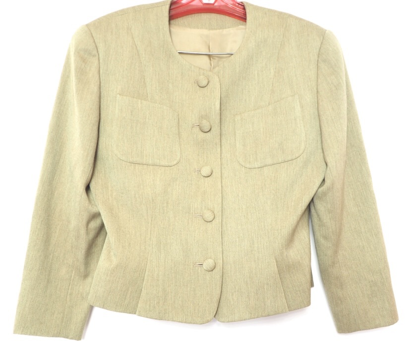 ビンテージ レディーススーツ CARA スカートスーツ 緑色 ジャケット9号 スカート11号 表地 ウール100% 裏地 キュプラ100% 1990年頃 SSK503_画像2