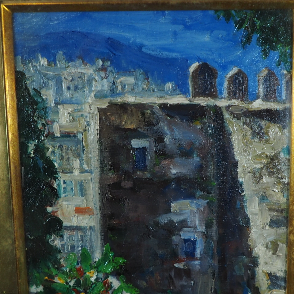 1977 year Vintage rice field middle Kiyoshi . work [malaga. old castle ] oil painting P4 number size picture frame frame : width 41cm depth 48cm thickness 5cm Spain malaga. landscape painting NKY503