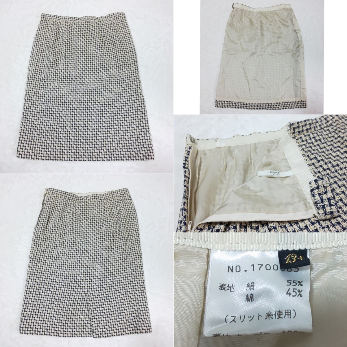 【極希少/美品】Leilian レリアン 3ピース シルク混ツイード セットアップ セレモニースーツ CLARIDGE生地 ラメ加工 日本製 13/XL ベージュ