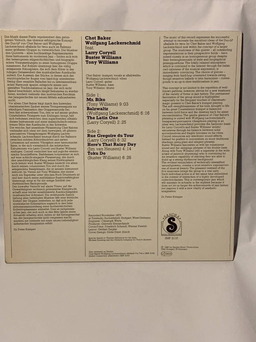 独 SANDRA オリジナル Chet Baker / Wolfgang Lackerschmid Feat. Larry Coryell, Buster Williams, Tony Williams 、SMP2110の画像2