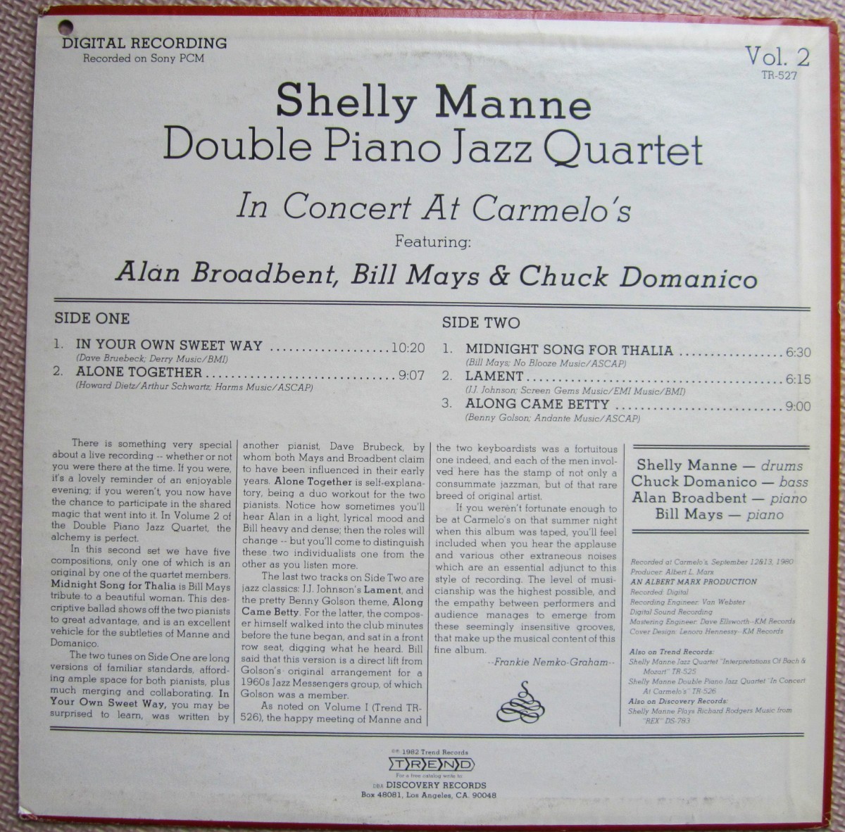 米 Trend Orig. 高品質LP Shelly Manne Double Piano Jazz Quartet PCM Live recording with Alan Broadbent Bill Mays Chuck Domanico