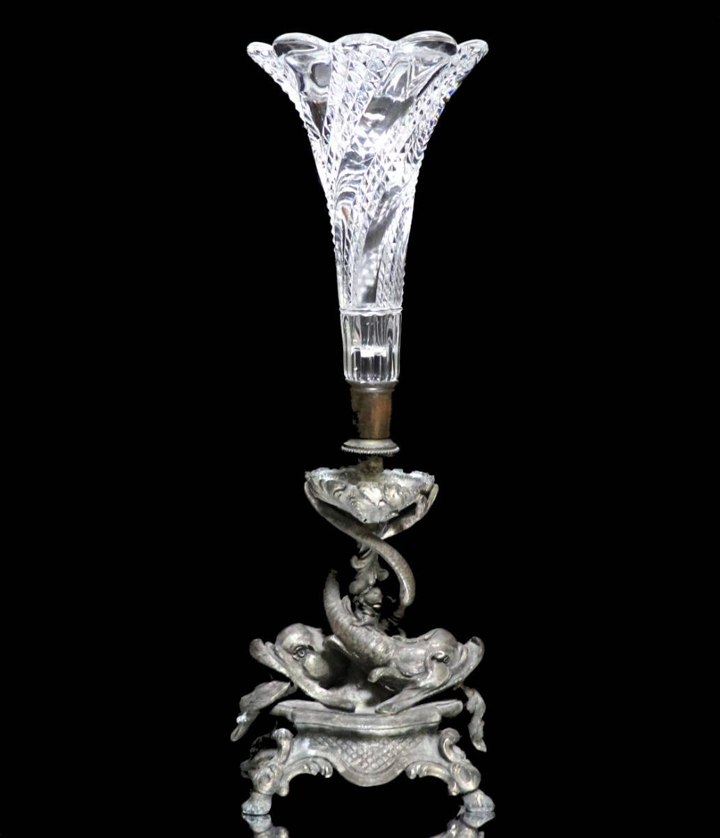 オールド・バカラ(BACCARAT) 1890年頃 46cm 特大 錬鉄製台座 センターピース 花瓶 サーペンティン ディアマン セルポンティーヌ 置物 壺_画像1