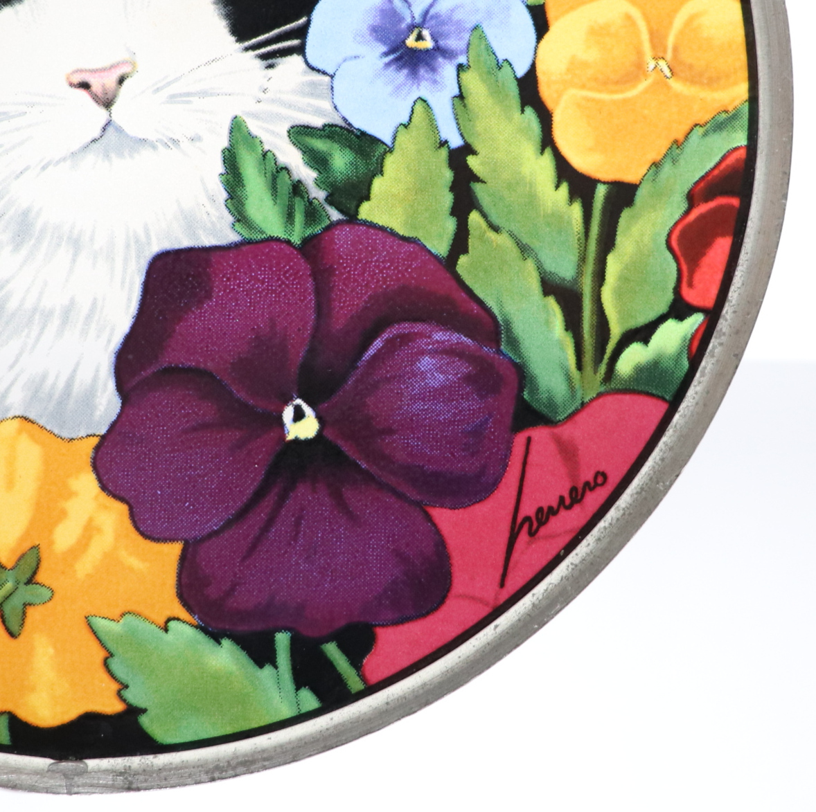 カラフルな花に囲まれた猫 ヴィンテージ ステンドグラス ローウェル
