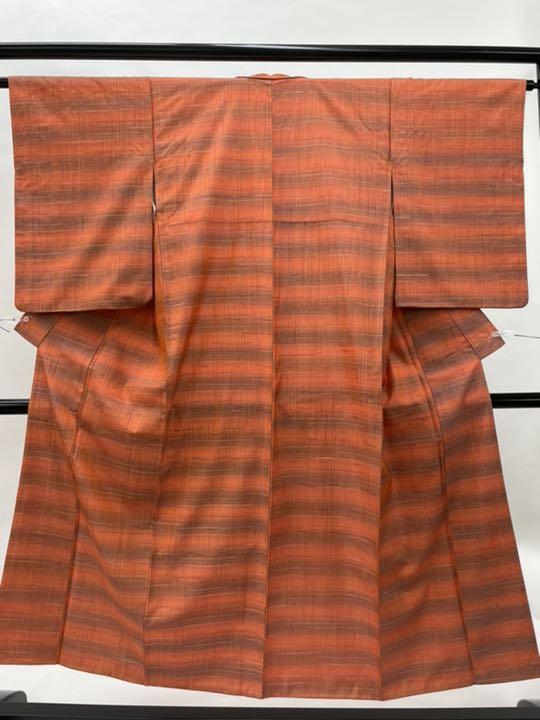 着物 紬 袷 正絹 横段 縞 横縞 レトロ モダン お洒落着 オレンジ