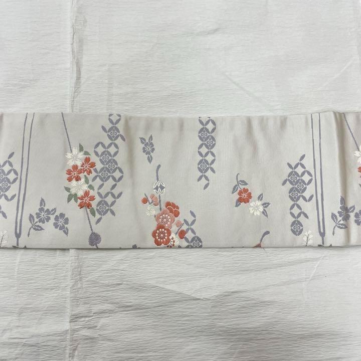 230 名古屋帯 帯 正絹 織 桜 白 可愛い グレー 着物 小紋 紬 お洒落