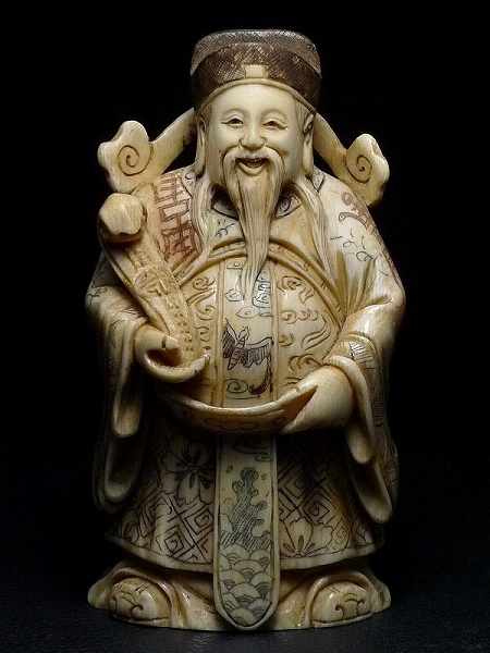 600270 3 象牙風 唐人 縁起物 置物 正一 中国/重量210g マンモス牙