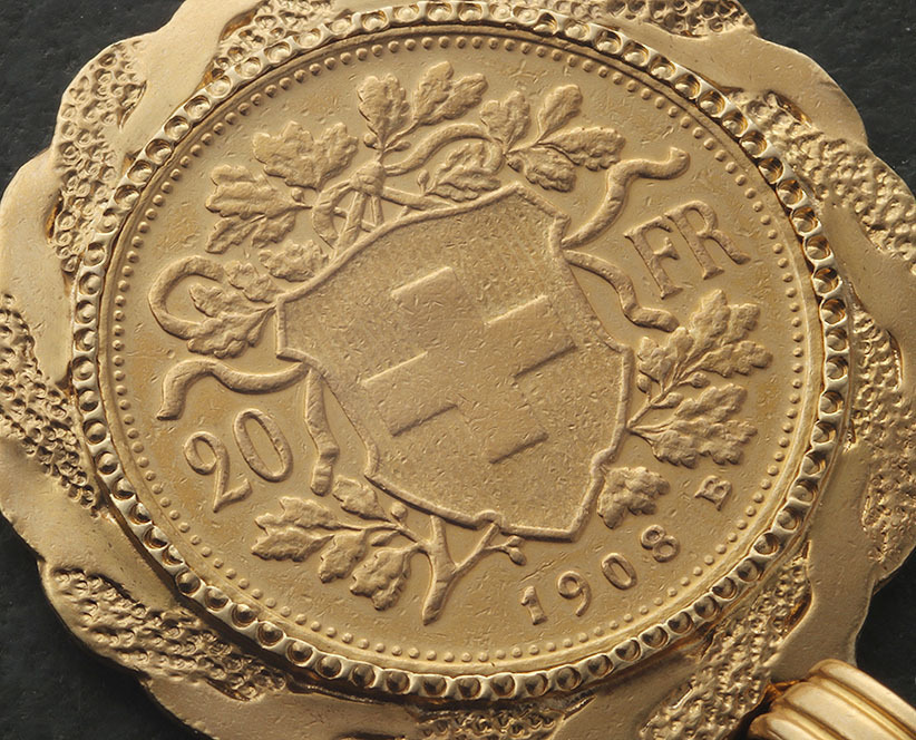 輝く高品質な ☆1908年Swiss 20フラン・ブレネリコインのペンダント・11g/IP イエローゴールド