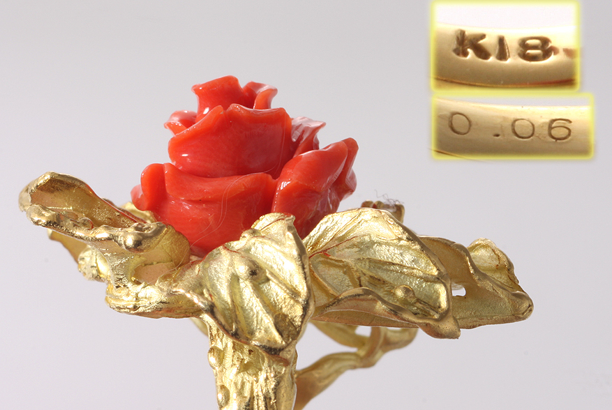 高質で安価 ☆珊瑚で作られた薔薇が美しいk18製14号リング・16.9g/IP-5722 指輪 コーラル、サンゴ
