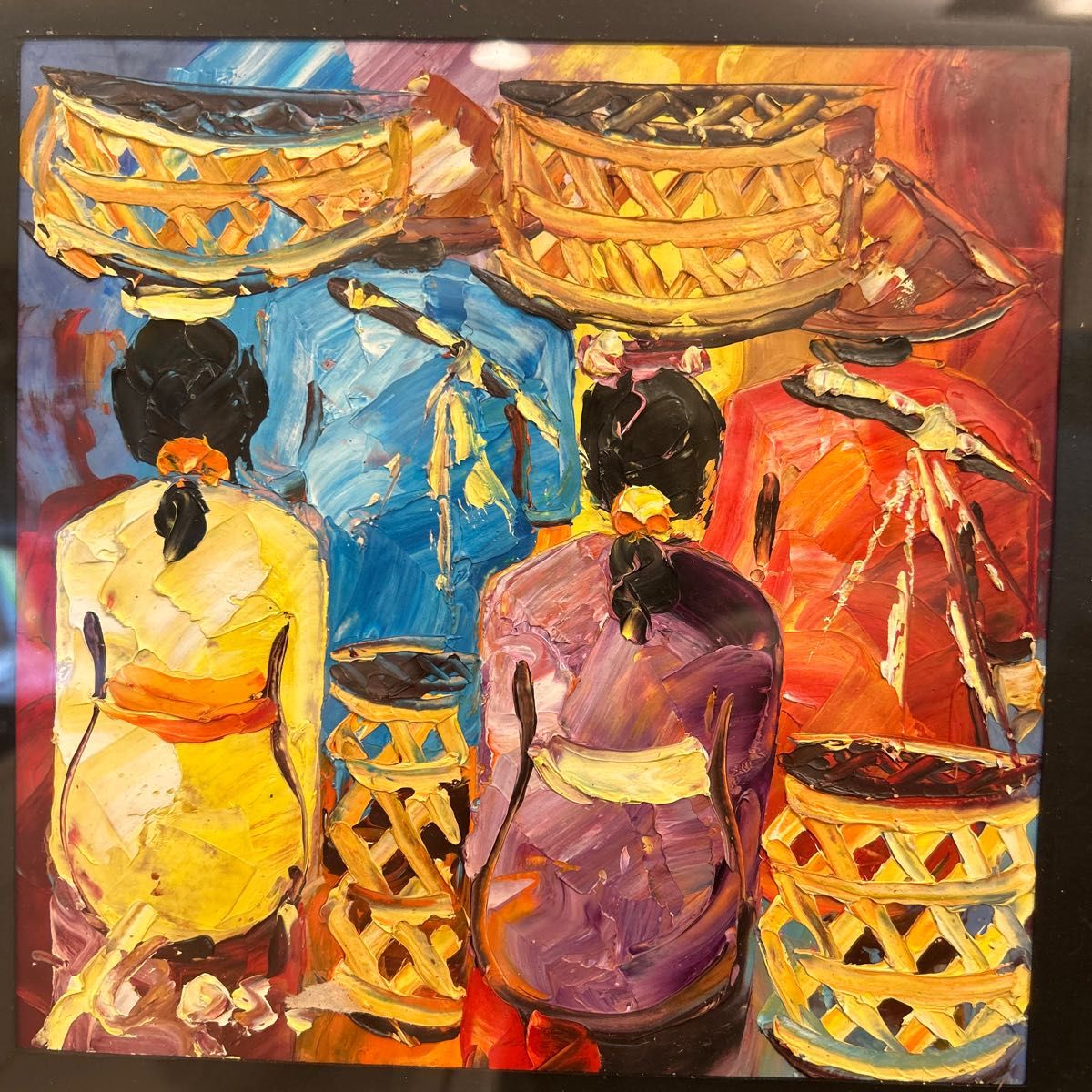 油絵　バリの女性　インドネシア　頭に籠をのせている女性の後ろ姿