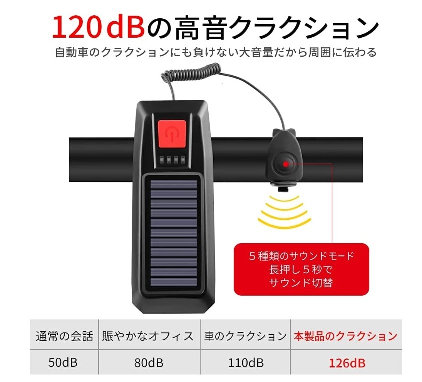 自転車ライト ソーラー 防水 3つ調光モード 高輝度 350ルーメン 5種類サウンドモード 大容量 2000mAH＋ソーラー充電_画像4