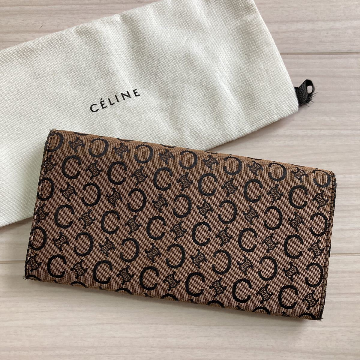 CELINE セリーヌ レディース メンズ 長財布 折り財布 Cマカダム トリオンフ ロゴ 総柄 ヴィンテージ 本革 レザー キャンバス ブラウン 上品