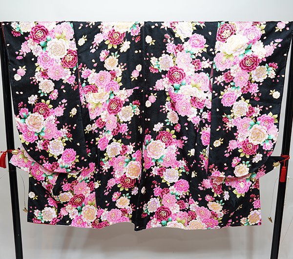  two shaku sleeve kimono single goods brand new 100 flower .. kimono height is short .. black ground graduation ceremony new goods ( stock ) cheap rice field shop NO36786-3