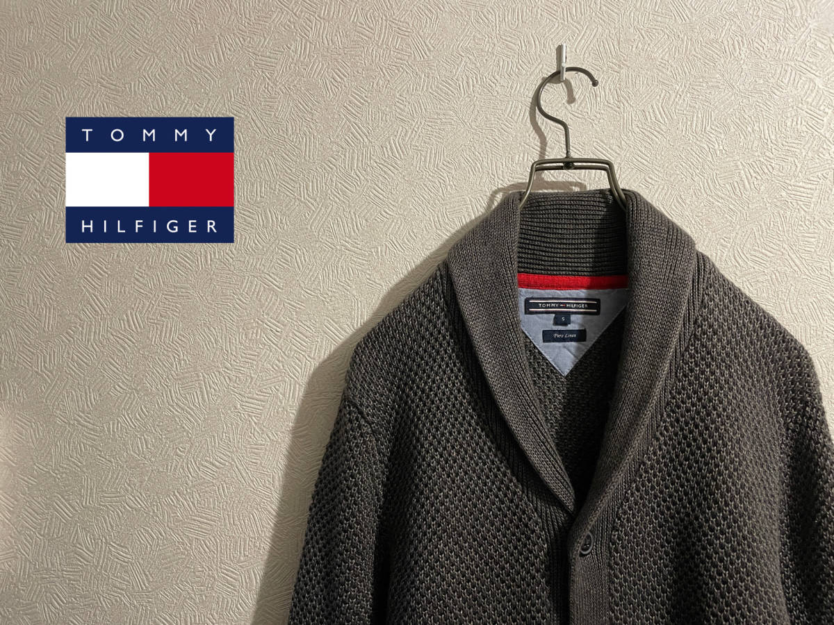 ◯ TOMMY HILFIGER ショールカラー リネン ニット カーディガン / トミーヒルフィガー フラッグ ロゴ グレー S Mens #Sirchive_画像1