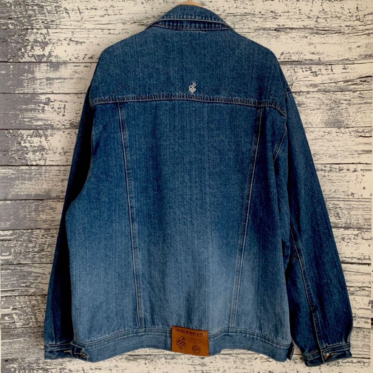 Roca Wear デニムジャケットウォッシュドフルフリンジオリジナル ROCA WEAR デニムジャケット ブランドロゴ刺繍 ビッグサイズ XL