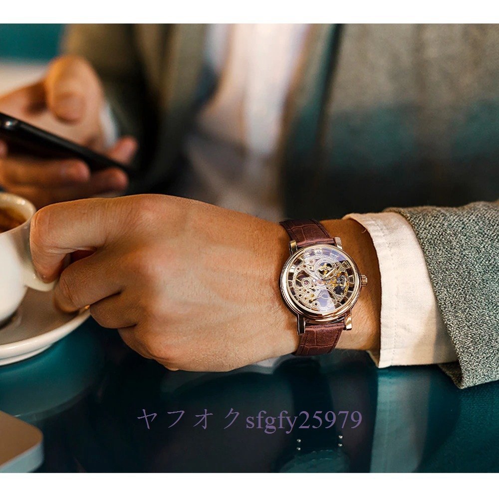 A681A☆新品メンズ腕時計 透明ゴールデンケース カジュアルデザイン ブラウンレザーストラップ 機械式腕時計 スケルトン_画像10