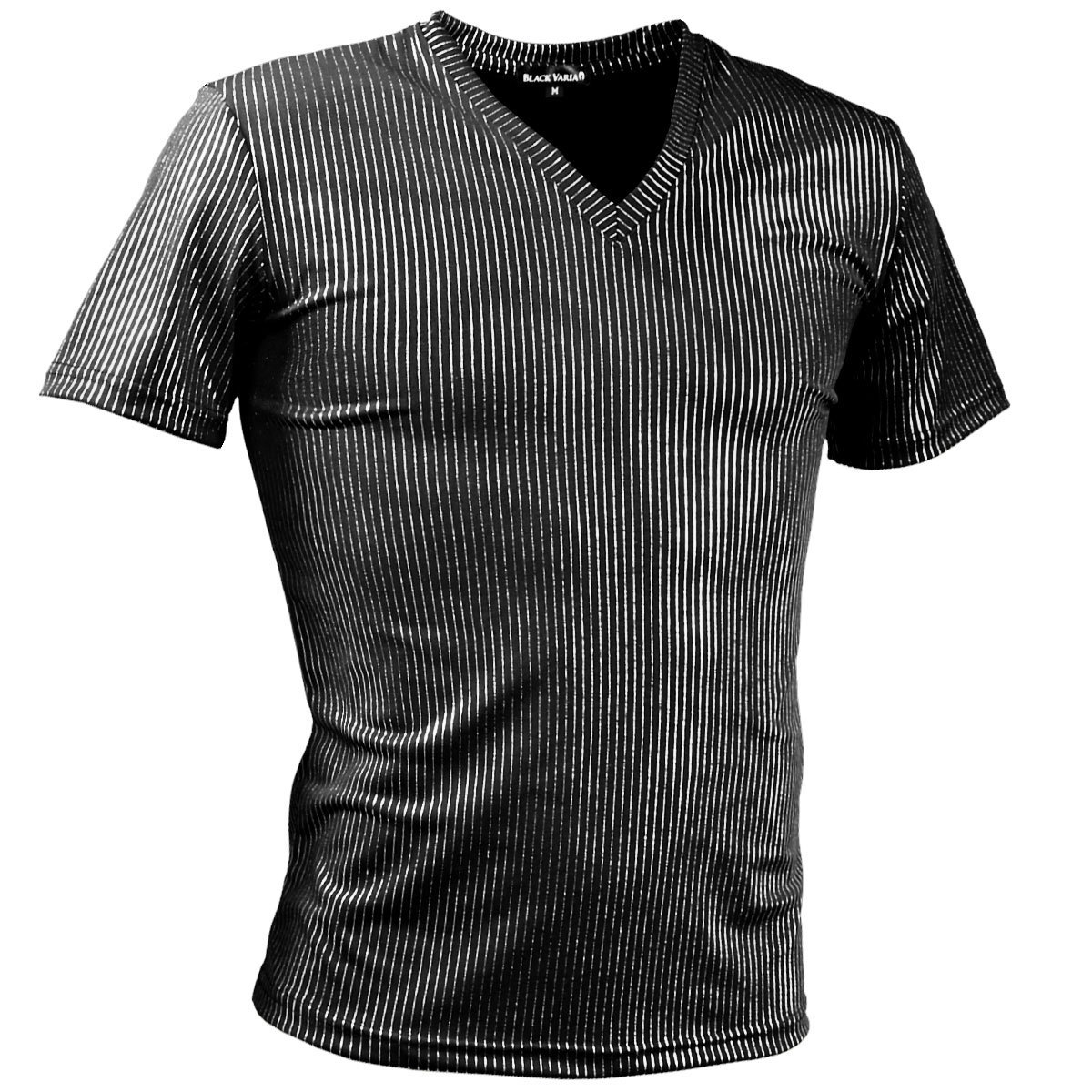 9#193213-sibk BLACK VARIA ピンストライプ ラメ ストレッチ 半袖 Vネック Tシャツ メンズ(ブラック黒・ライン銀シルバー) M ダンス 舞台_画像7